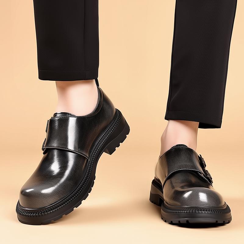 Fashionable Retro Men's Polished Big Toe Leather Shoes Autumn Men Buckle Comfortable Thick Soled Casual Shoes Mengke Trendy Shoe
