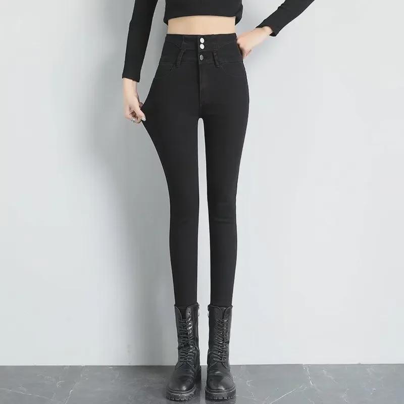 Women's High-Waist Black Jeans with Velvet Lining for Autumn/Winter 2024 - Slim Fit Pencil Pants