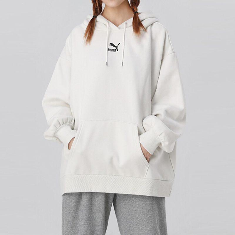 Puma Классическая свободная толстовка с капюшоном и большим логотипом, на флисовой подкладке, теплая, повседневная, женская, зимняя, дымчато-серая, 530280-05