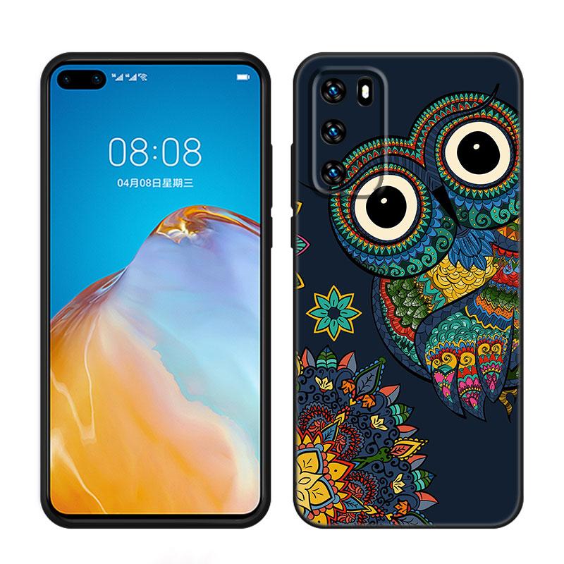 Lovely Animal Owl Black Silicone Phone Case For Huawei P10 P20 P30 P40 Lite P50 P60 Art P50E P Smart Z 2018 2020 2021 Pro 2019