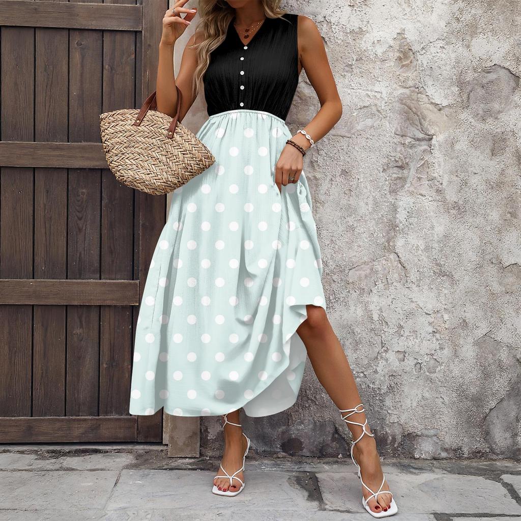 Women's Casual And Fashionable V-neck  Sleeveless Printing Mid Length Dress