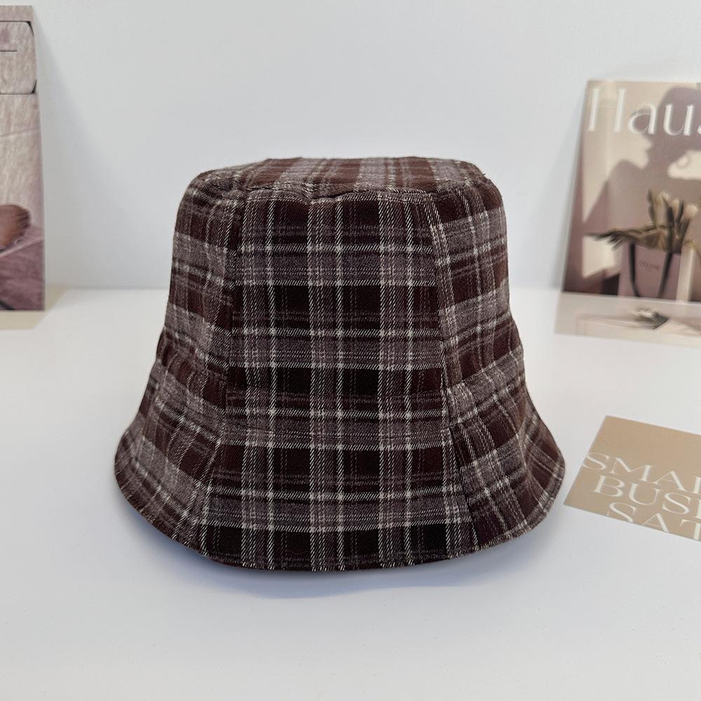 Plaid double-sided suede bucket hat women's autumn and winter new basin hat versatile face small plain bucket hat