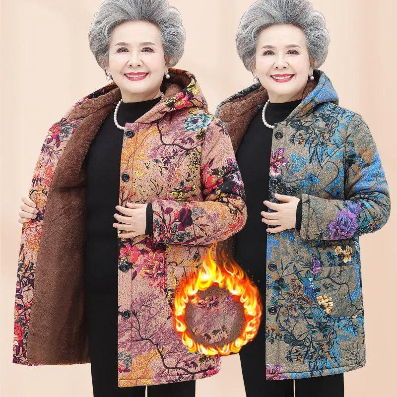 Plus Velvet Thick Cotton Jacket for Elderly Winter Women's Mid-Length Jacket Cotton Lined Corduroy Hooded Warm Quilted Jacket