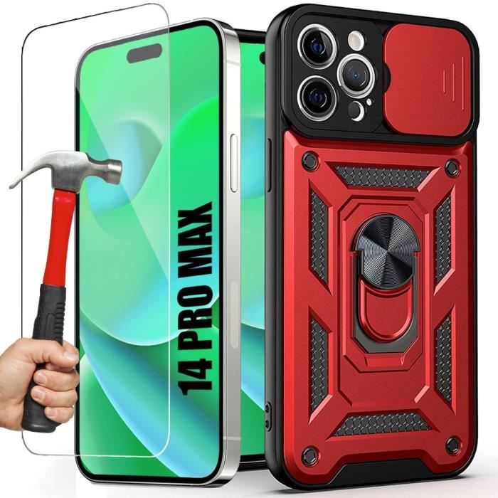 Coque pour iPhone 14 Pro Max + 2 Verres Trempés, Coque avec Cache caméra et Bague Support - Rouge