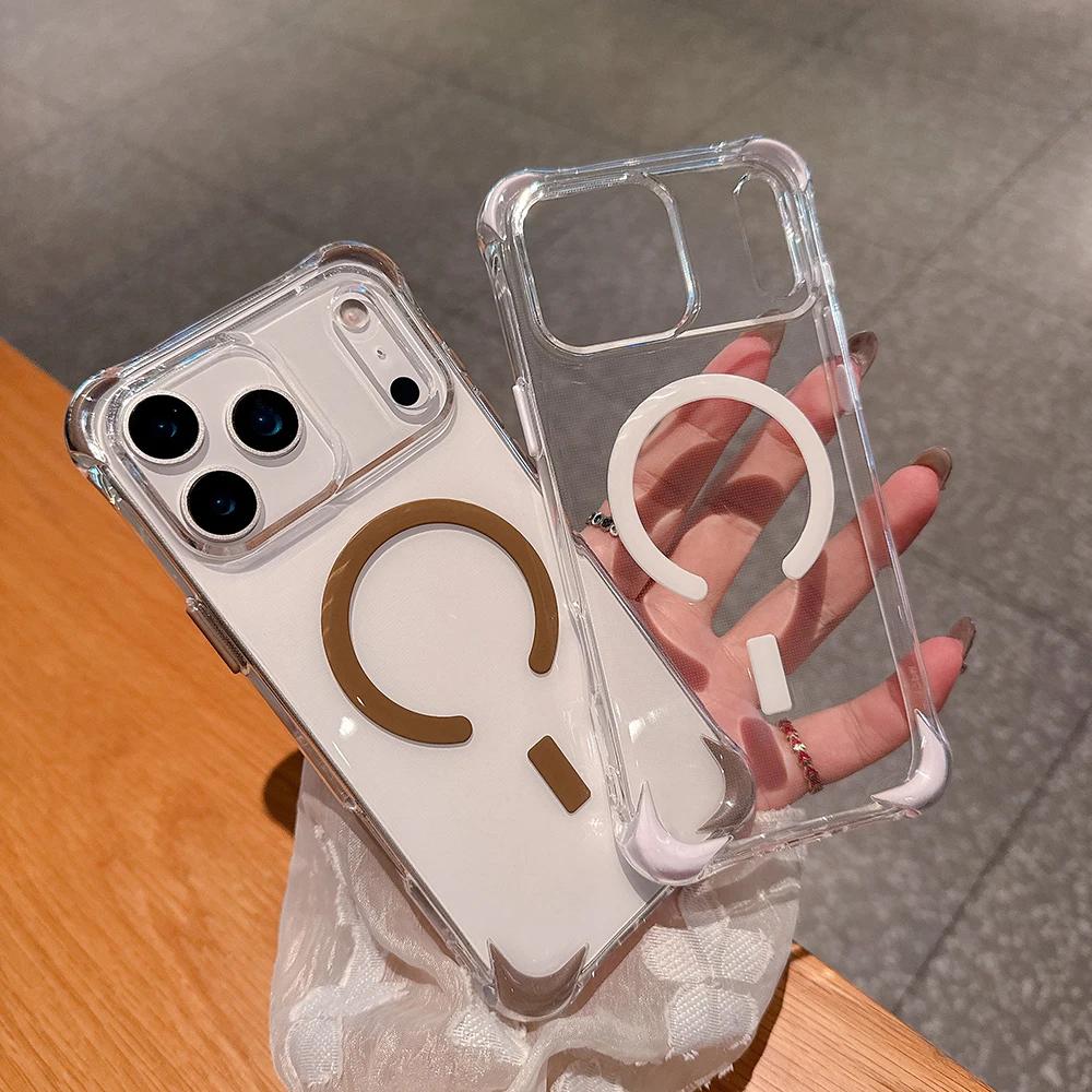Модный Прозрачный Магнитный Чехол из ПК для Зарядки для IPhone 17 Air 16 15 14 Plus 13 12 Pro Max Четыре Угла Подушка Безопасности Ударопрочный Жесткий Чехол