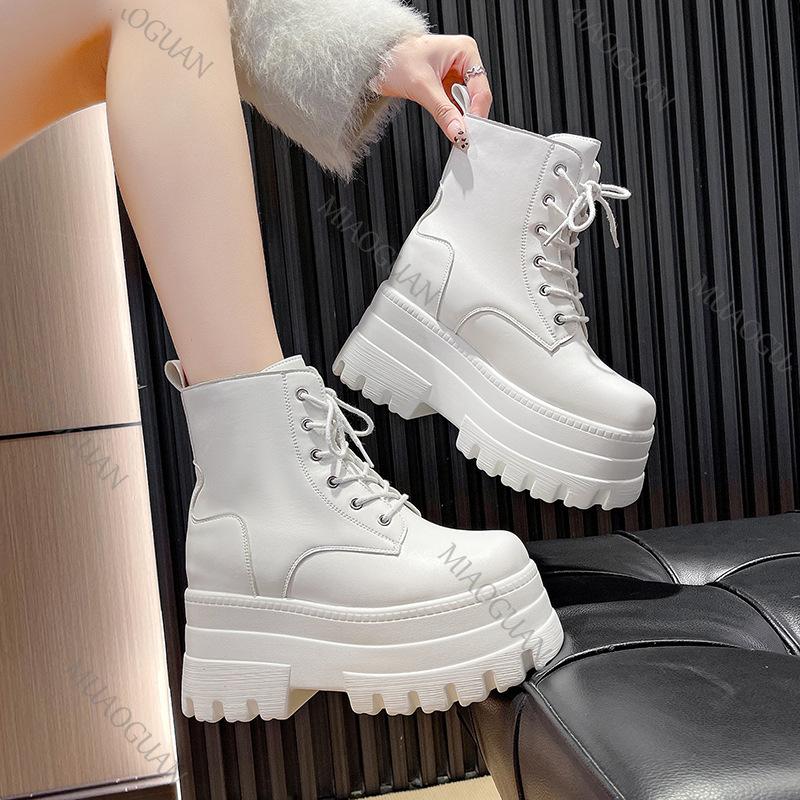 Fashion Women Platform Boots Casual 12CM Chunky High Heels Lace Up Ankle Boots for Women Nightclub Party Black White Heightening Botas