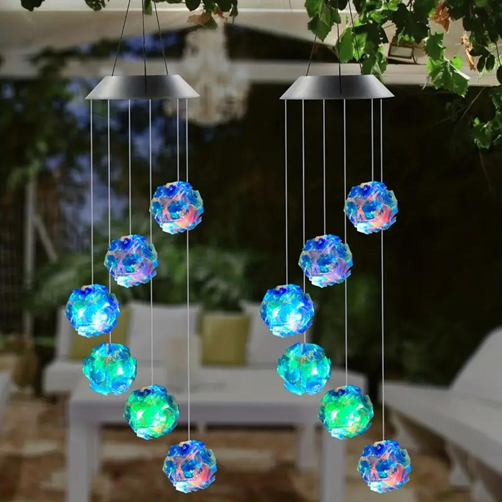 1pc Solar Blue Laser Disco Ball Wind Chime Lights Solar Powered 6 LED Waterproof Outdoor Decorative Lamp For Home Garden Decor