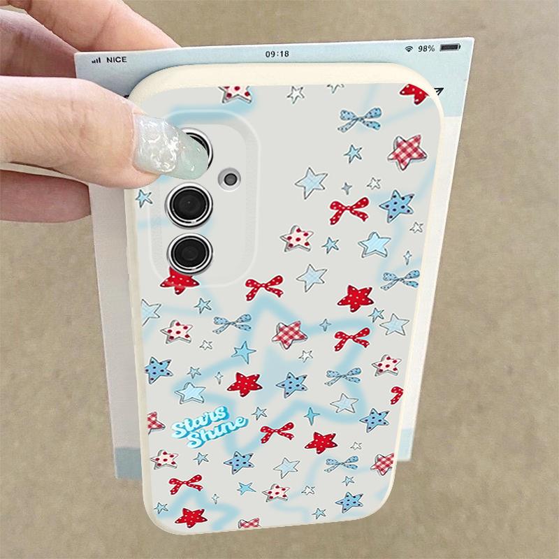 Чехол со звездочками и бантами для Samsung Galaxy A57 A37 A17 A56 A36 A26 A16 A55 A35 A15 A54 A34 A14 5G Силиконовый чехол с текстурой кожи