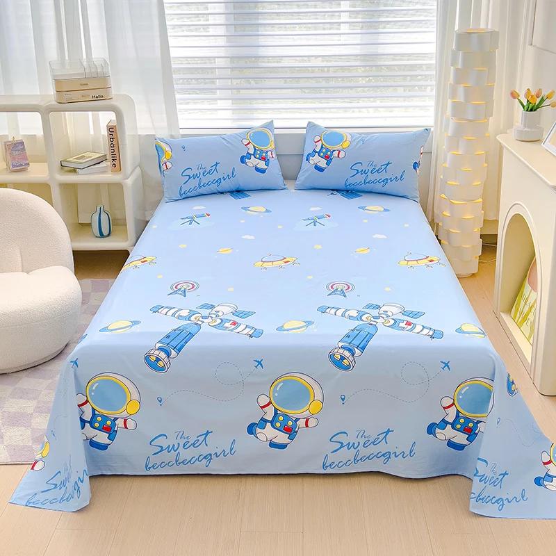 Cartoon Astronaut Bed Sheet Set for Kids Boys Soft Skin-friendly Cotton Bedding Set 3Pcs Rocket Spaceship Bed Sheets Pillowcases