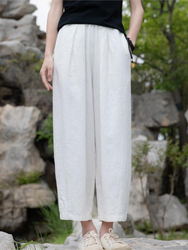 Johnature Женские винтажные льняные брюки с эластичными карманами на талии, весенние однотонные свободные брюки, женские повседневные брюки