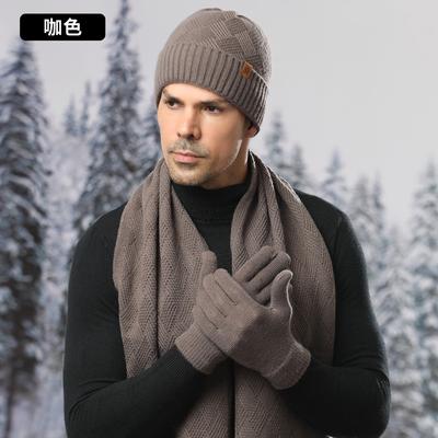Вязаная шапка Зимняя мужская двухслойная вязаная шерстяная шапка Вязаная уличная ветрозащитная шапка Комплект из трех предметов: шарф, перчатки