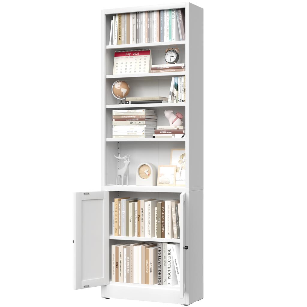 Metal Bookshelf with 5 Levels and Door, Industrial White, Adjustable Shelves, Dimensions H 180 x W 60 x D 23.6 cm, for Living Room, Office and Library