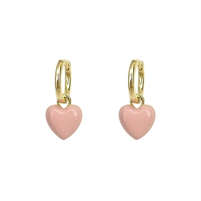 Delicate Sweet Pink Heart Shape Drop Earrings for Women Romantic Gold Color Geometry Hoop Earring Girls Party Daily Jewelry Gift