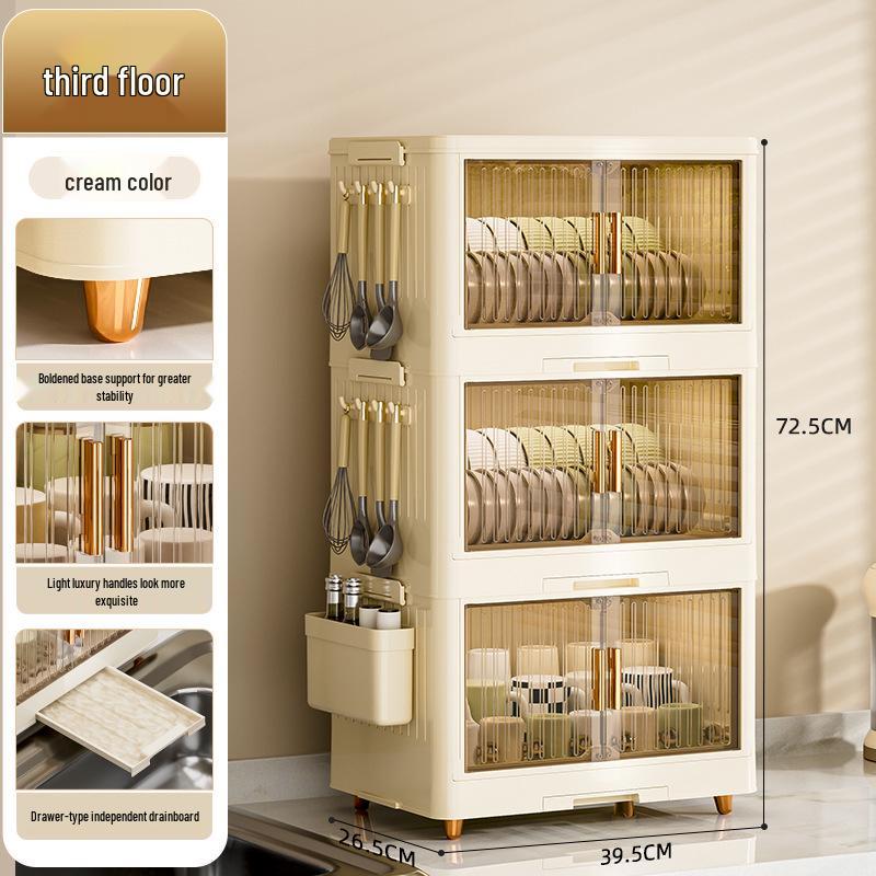 Foldable Multi-Layer Plastic Storage Cabinet with Lid - Organize Bowls, Plates, Baby Bottles, and Cups Dust-Free