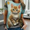 Women's Round Neck T-shirt Summer Casual Fashion Short-sleeved Top 3D Cat Print Animal Pattern Large Size Women's Clothing