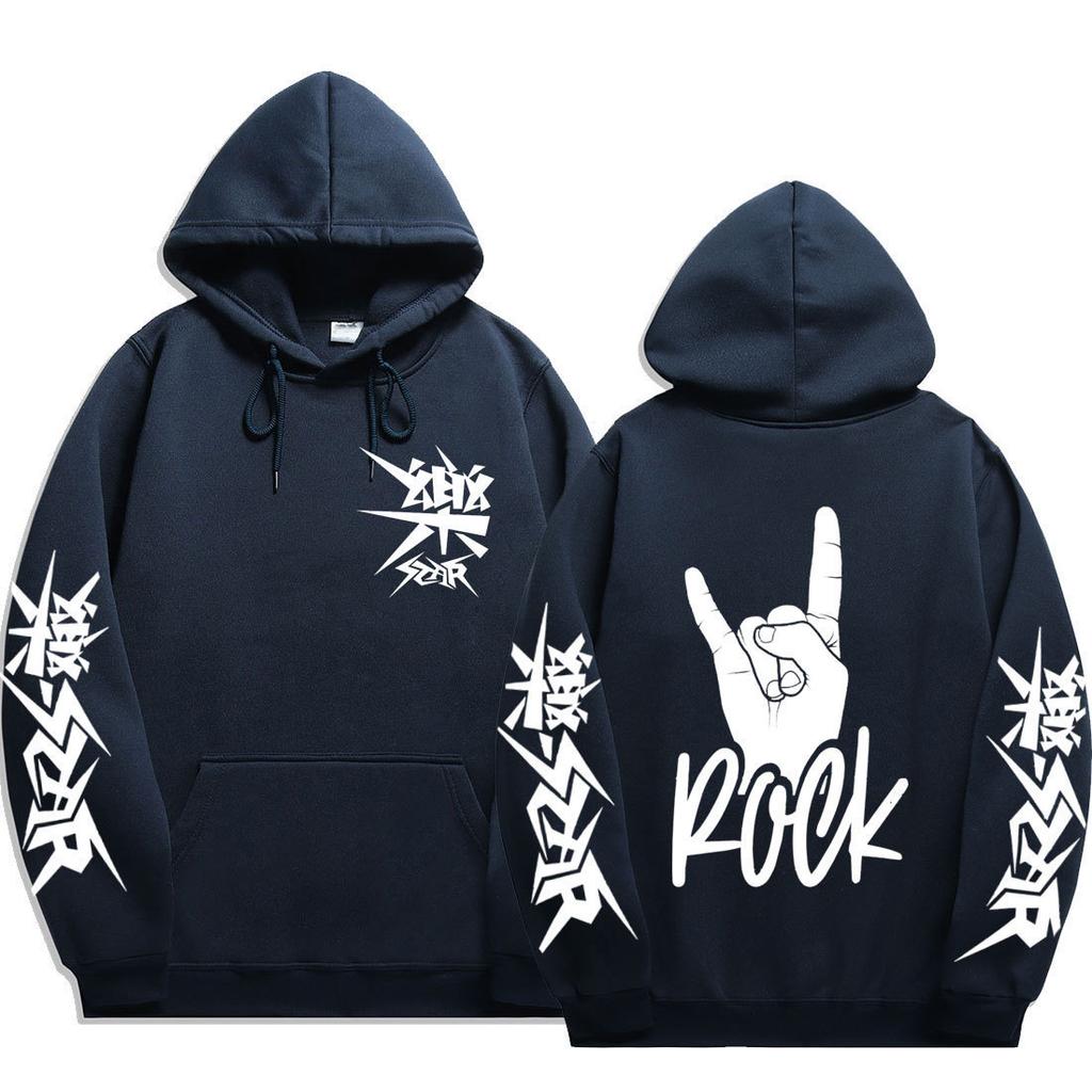 Stray Kids ROCK‑STAR Худи с принтом Rock Hand Sign Рожки Дьявола Рука Rock Надпись Графика Капюшон на завязках Оверсайз Унисекс KPop Уличная одежда Фан-мерч