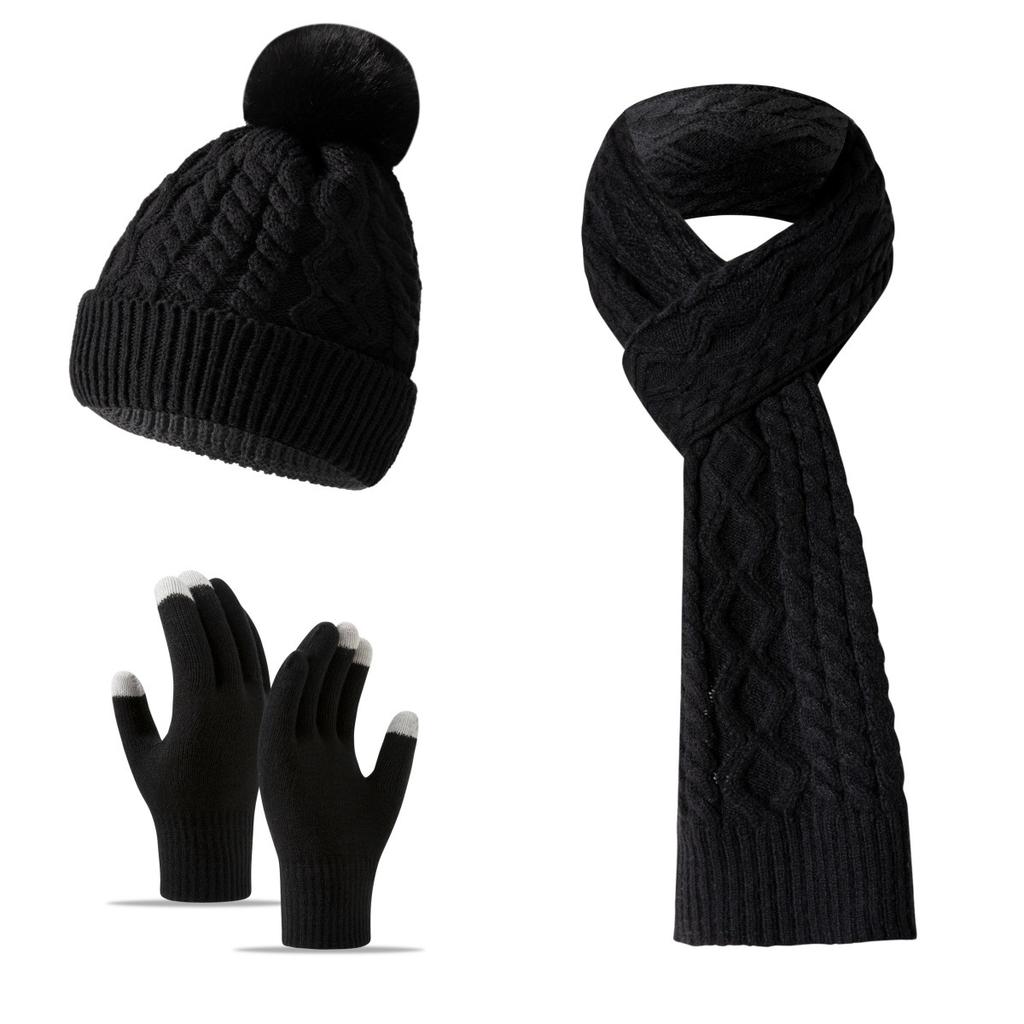 Women Winter Warm 3 Piece Set Fleece Lined Hat Scarf Gloves Solid Color Ski Cycling Vacation