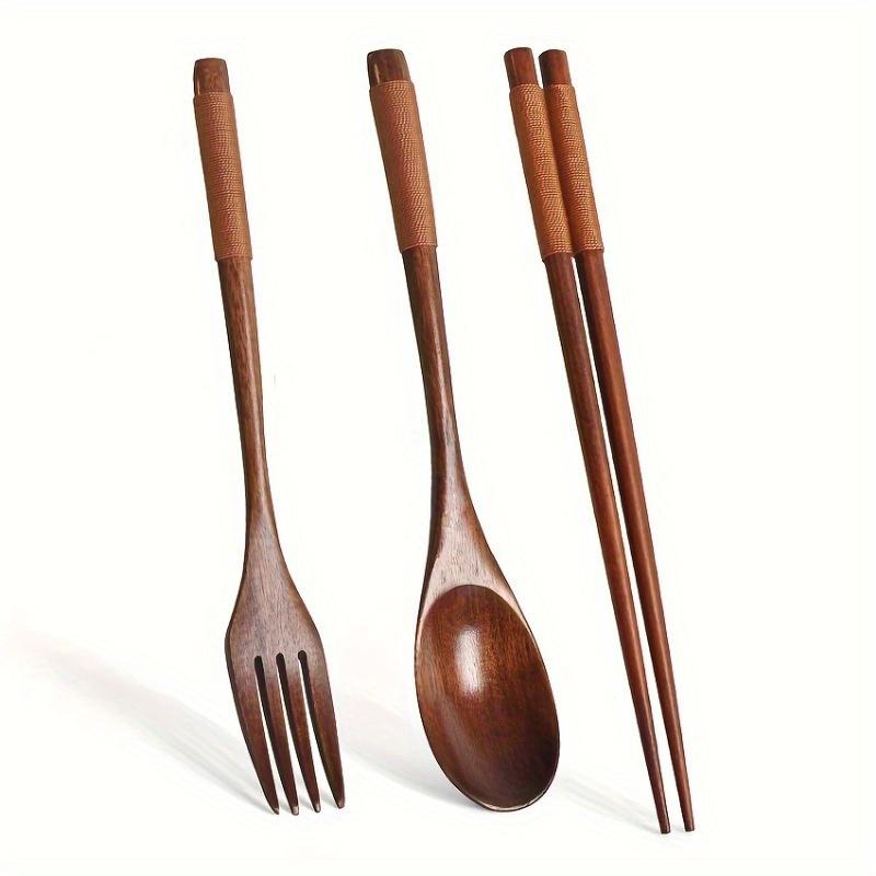 Portable 3-piece Set Korean Wooden Tableware Fork Spoon Chopsticks Solid Wood Long Handle Spoon Chopsticks Tableware Dinnerware