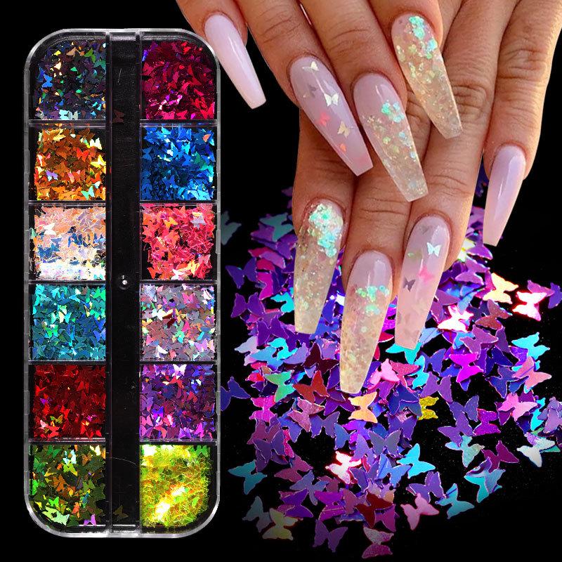 12-Color Mixed Nail Art Sequins, Laser Symphony Star Butterfly Fluorescent Diy Nail Art Decorative Sequins