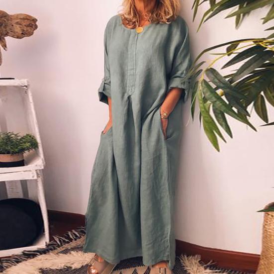 Женское винтажное однотонное платье макси с длинными рукавами и круглым вырезом, кафтан