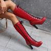 Women's High-heeled Boots Autumn and Winter New European and American Thick-heeled Large-size Lace Spliced Medium Boots