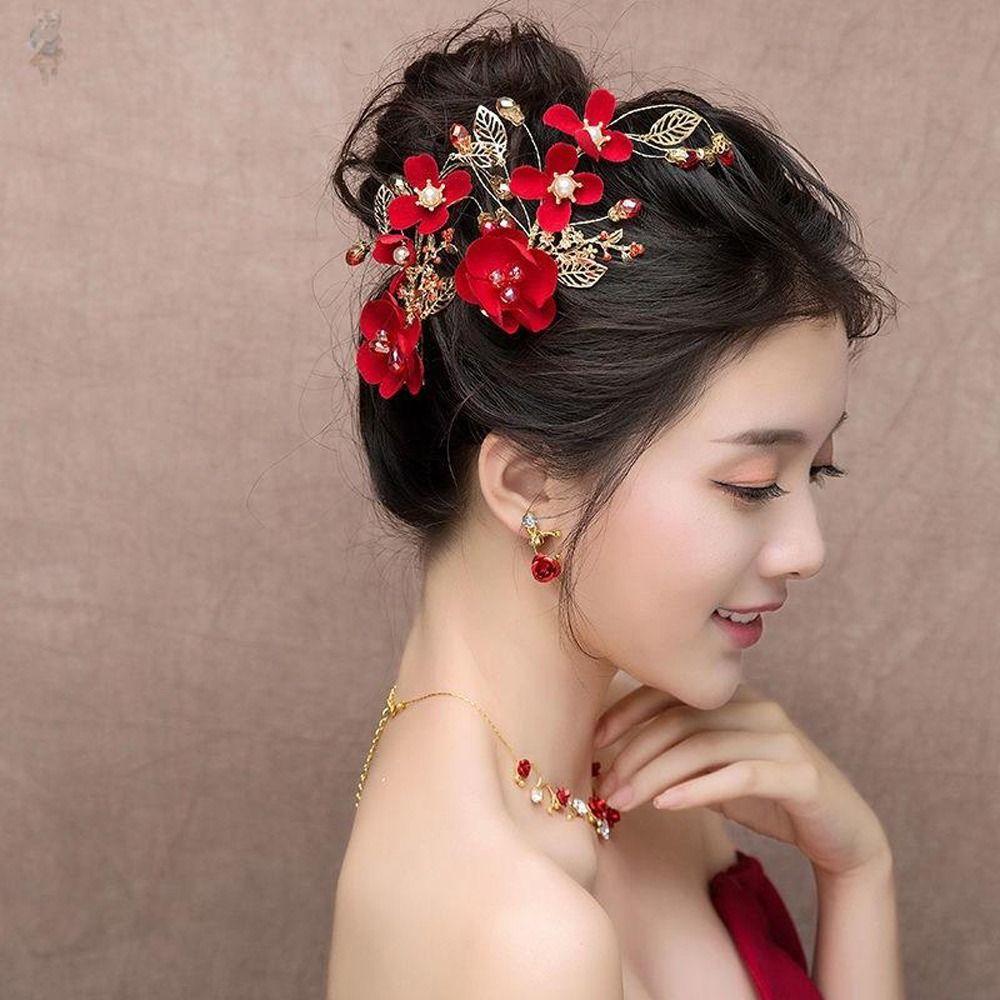 New Year Red Flower Festival Hairpins Women Barrettes Chinese Hanfu Hair Clips Duckbill Clips