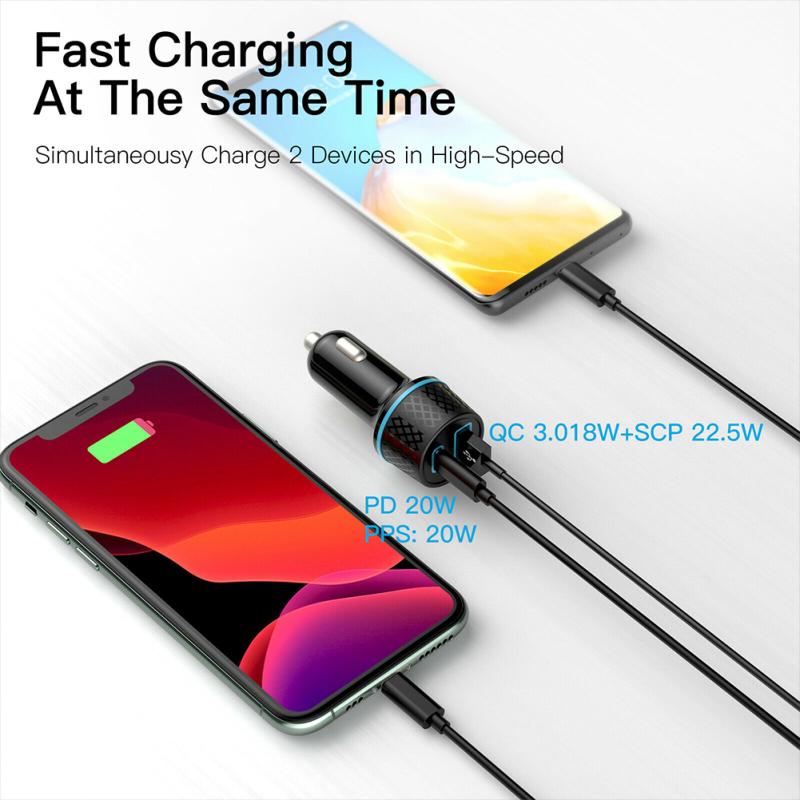 Автомобильное зарядное устройство USB Qc3.0 Двухканальное Адаптер Ультрабыстрой Зарядки Pd20w С Синим Мягким Светодиодным Индикатором Для