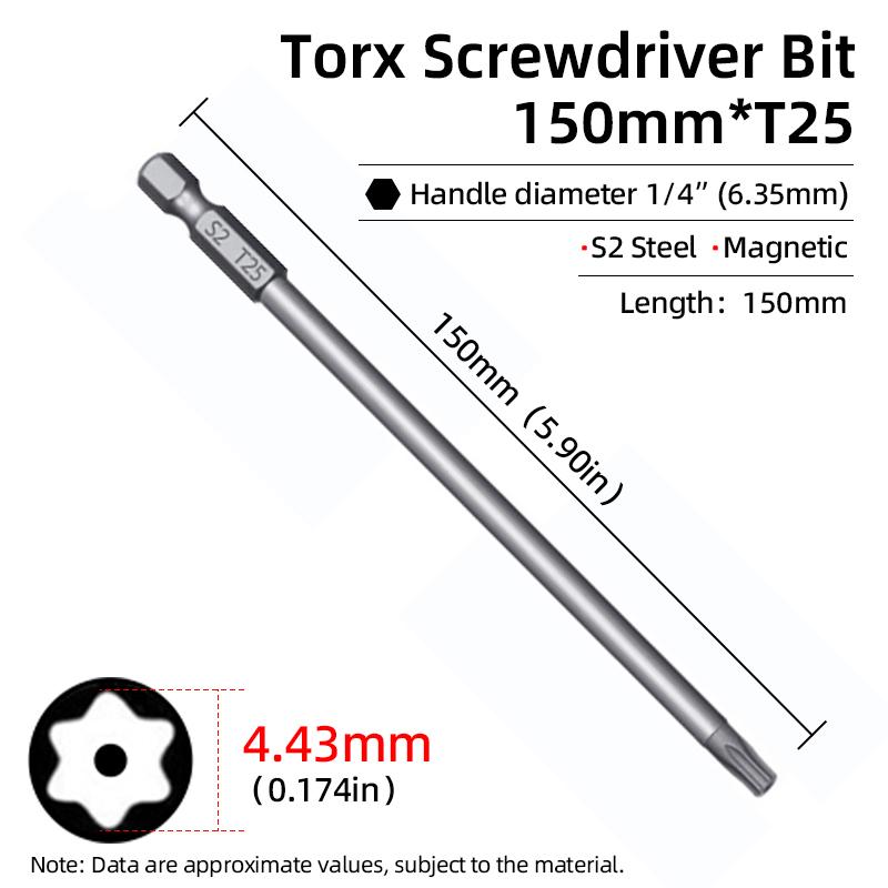 Magnetic Torx Screwdriver Bit 150mm T6-T40 1/4" Hex Shank Hollow Plum Blossom Hole Security Bits S2 Steel Electric Hand Tools