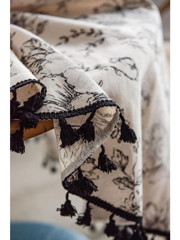 French Vintage Floral Print Tablecloth with Tassels - Black and White Rose Design, Round Cover for Dining Room or Kitchen Decor