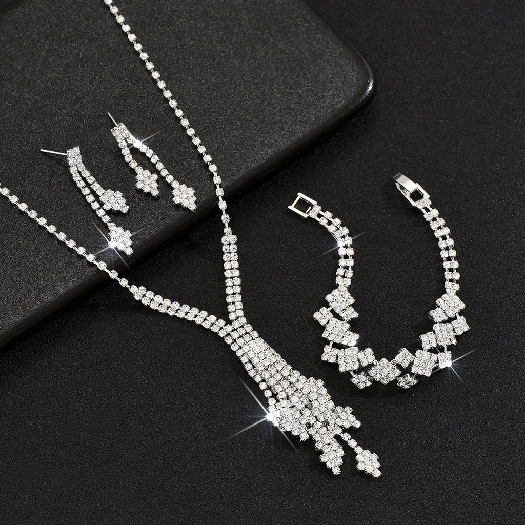 Bright Rhombus Rhinestone Pendant Necklace Earrings Bracelet Bridal Jewelry Wedding Set