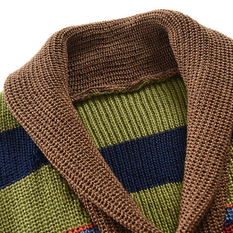 Мужская куртка-свитер в радужную полоску, осенне-зимняя трикотажная куртка с лацканами в тон