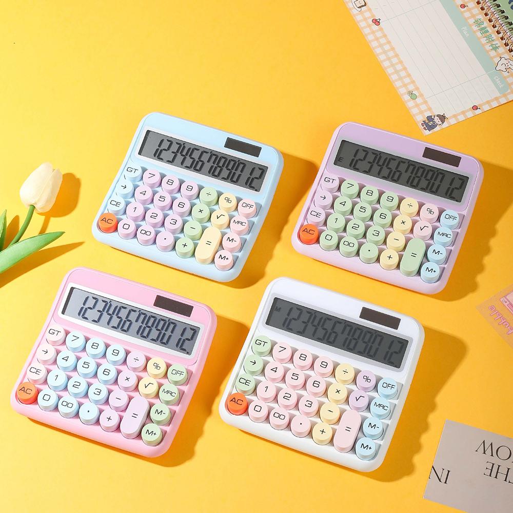 Mechanical Calculator 12 Digit Large LCD Display Big Round Button 15 degrees Tilt Screen Cute Colored Dual Power Supply Calculator Suitable for