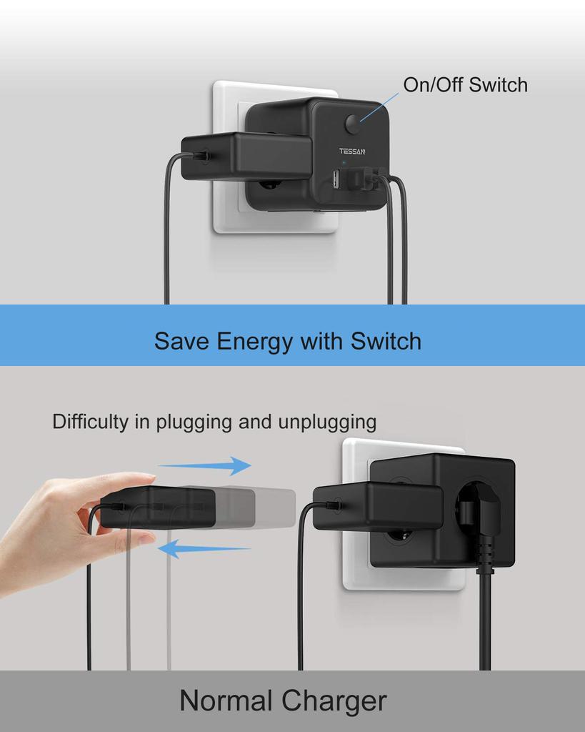 Tessan Черный USB-адаптер настенной розетки Powercube с 3 розетками переменного тока и 3 USB-портами, удлинителем с несколькими европейскими вилками для дома