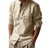 Spring and Summer Linen Shirt Long-sleeved Stand-up Collar Breathable Casual Chinese Pocket Shirt Men