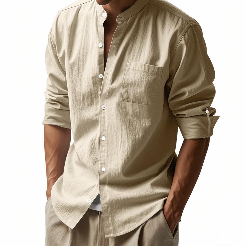 Spring and Summer Linen Shirt Long-sleeved Stand-up Collar Breathable Casual Chinese Pocket Shirt Men
