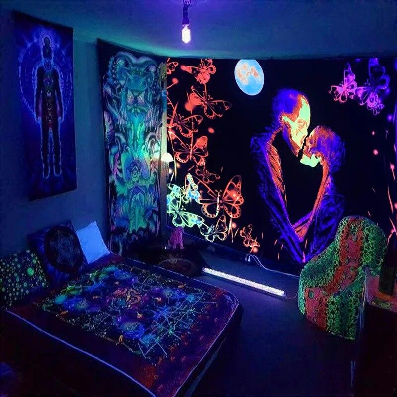 Black Light Tapestry UV Reactive Psychedelic Mysterious Mushroom Wall Hanging Bedroom Dorm Separate Room Decoration