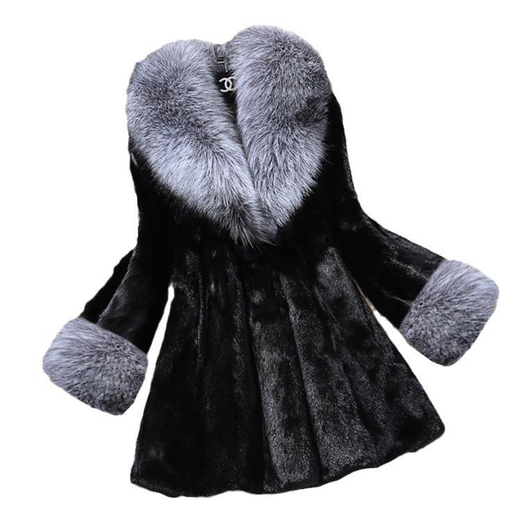 Новая осенне-зимняя шуба из искусственной норки с воротником из меха серебристой лисы для женщин, длинная искусственная норковая шуба