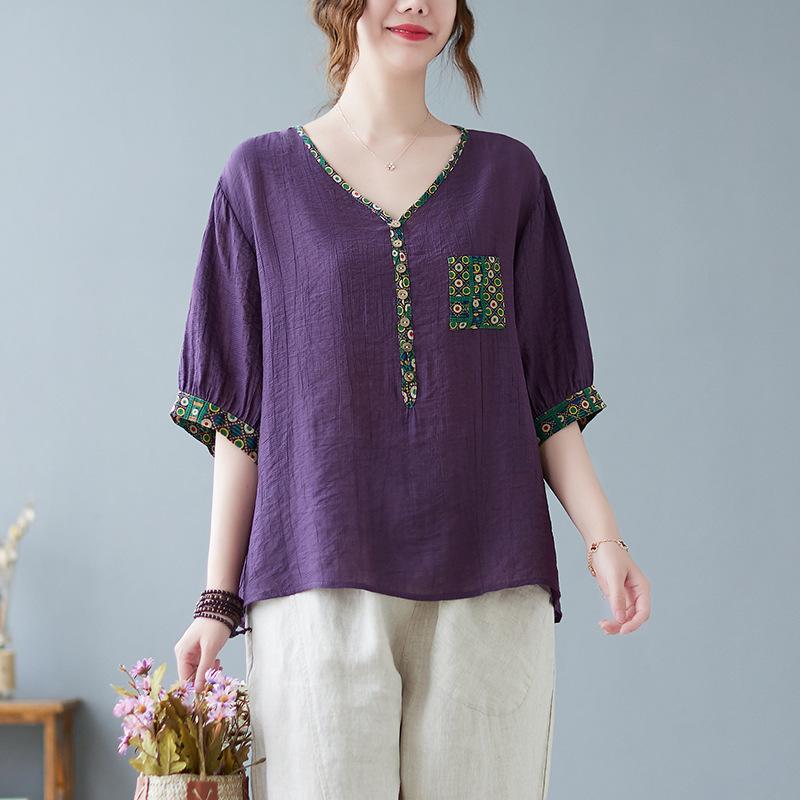 Хлопок и Лен Толстый Мм Поддельный Костюм-двойка для Матери Литературный Большой Размер Свободный Скрывающий Живот Стройнящий Маленькая Рубашка Футболка С Коротким Рукавом Топ