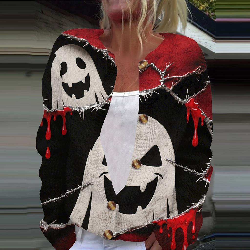 Women's Fashion Printed Long Sleeve Knitted Cardigan Button Down Jacket