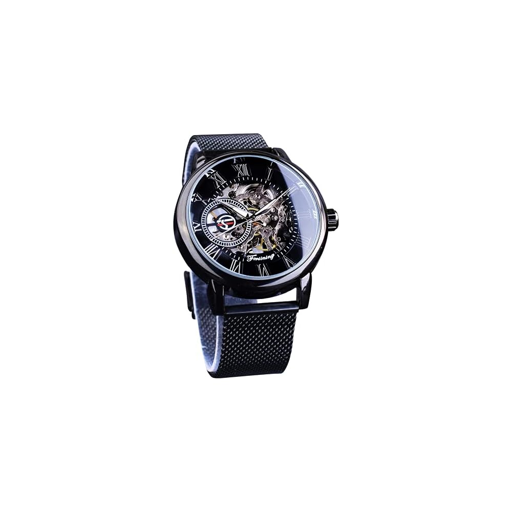 Forsining Men's Minimalist Retro Design Skeleton Watch Black with Transparent Business Mesh Band