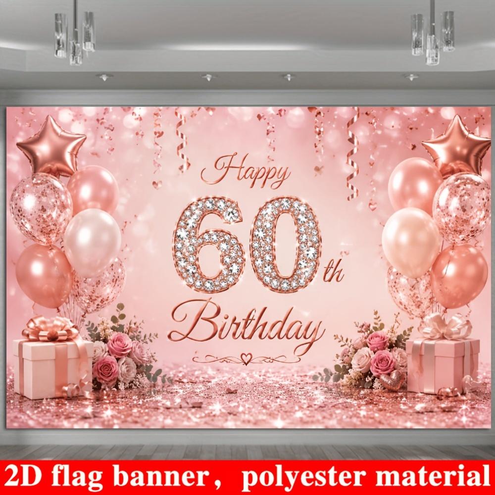 Rose Gold 60th Birthday Party Backdrop Banner, Rhinestone Number 60 Balloons Gifts Roses Glitter Photo Background, Polyester Wall Decor