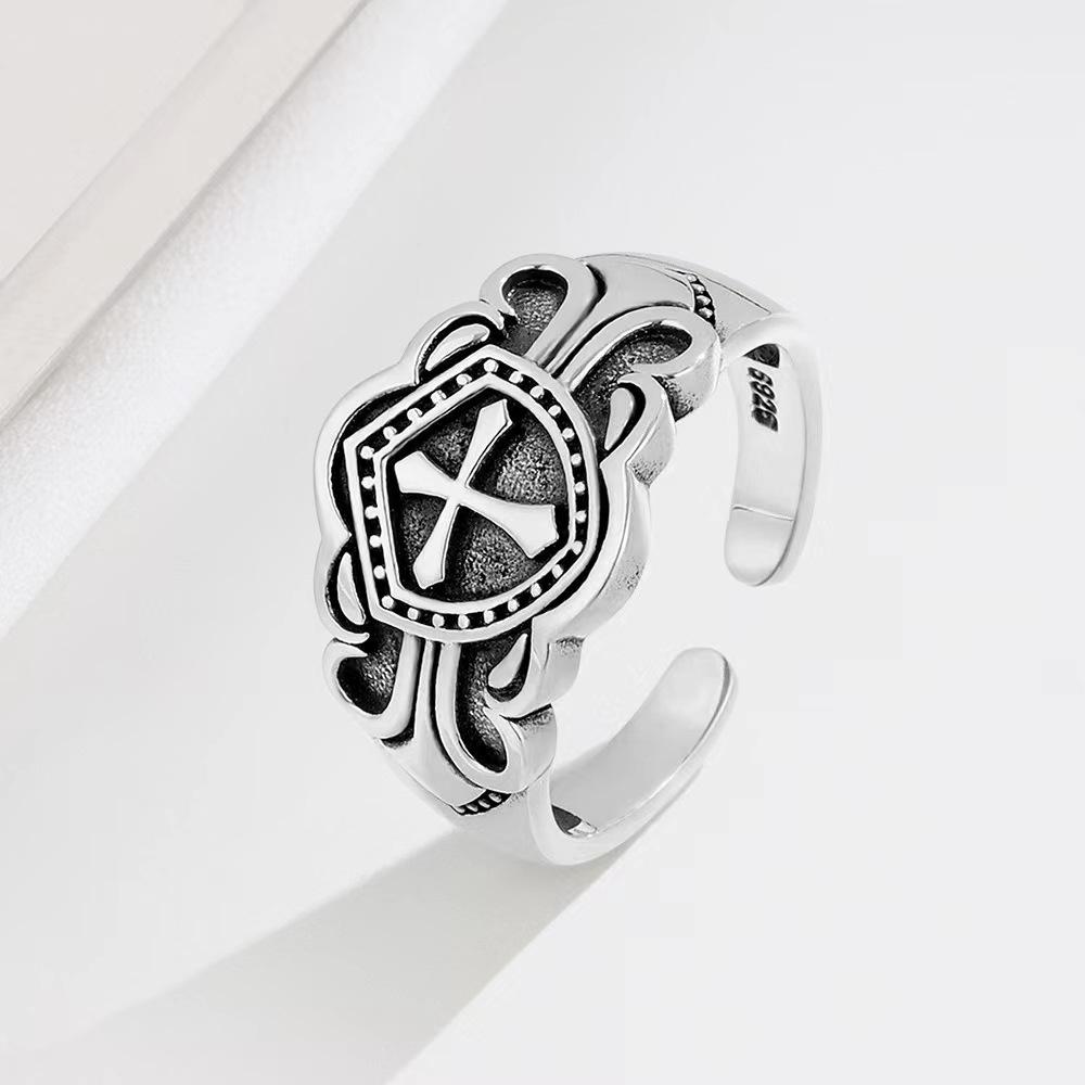 S Nordic Shield Cross Ring for Boys European and American Punk Rock Wide Pasta Ring Silver Jewelry