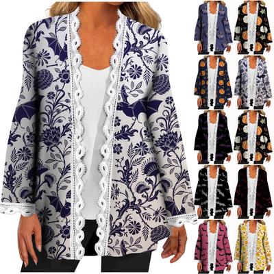 Женская модная повседневная куртка-кардиган с длинными рукавами и кружевным принтом на Хэллоуин