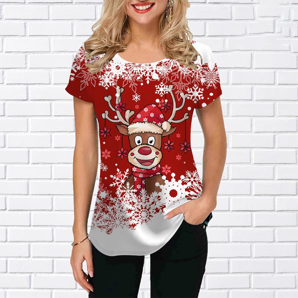 Футболка с изображением лося и снеговика для женщин, летняя футболка большого размера, топ с рождественским принтом и графическим принтом, 2023, модные повседневные женские футболки с круглым вырезом, пуловер