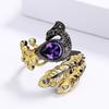Exquisite Ring for Women's Purple Zircon Jewelry Peacock Feather Shape Ring Fashion Black Gold Hollow Ring Wedding Jewelry