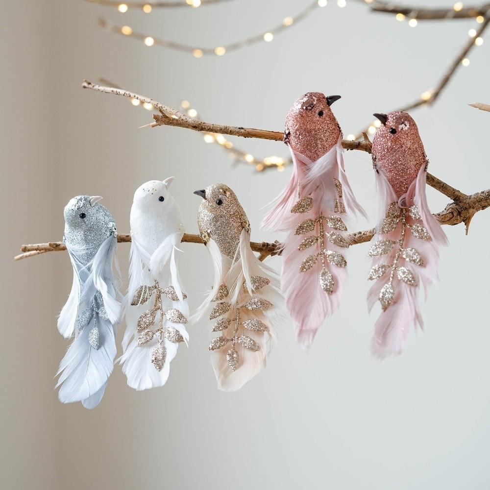 1pair Glitter Finish Artificial Bird Ornament Long Feather Tail Simulated Bird Decor Christmas Tree