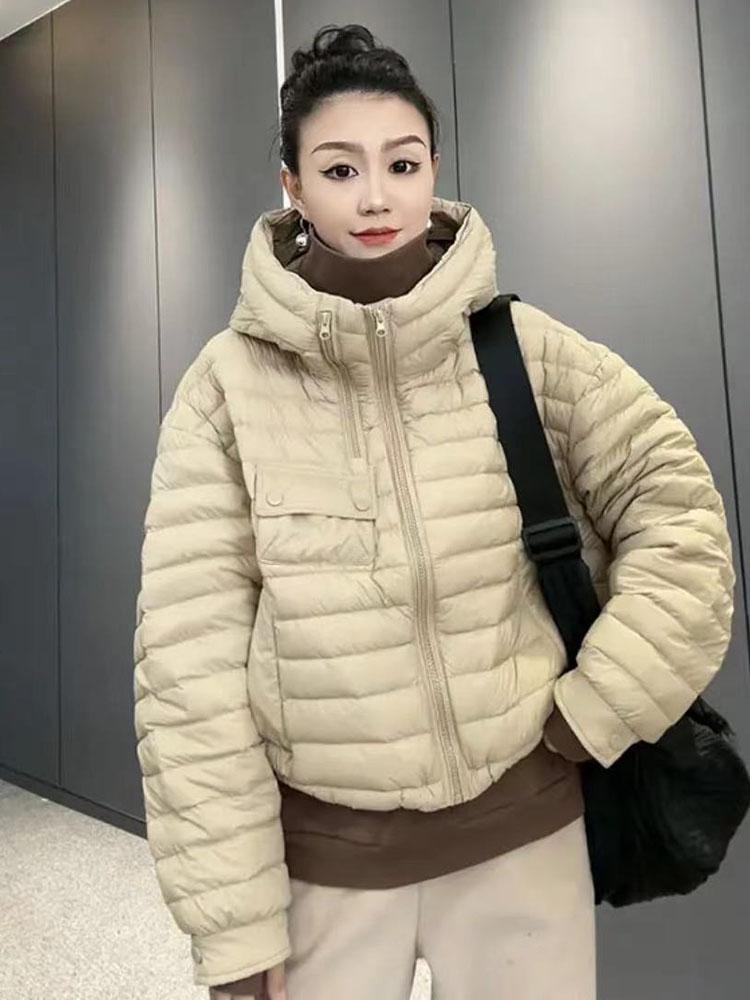 2024 осень-зима 90 утиный пуховик женский с капюшоном легкий и тонкий однотонный куртка из хлеба теплая куртка