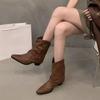 Модные женские ботинки Обувь для женщин в стиле вестерн-ковбой Толстый каблук Ретро Новый Рок Готика Середина икры Низкий острый носок Осень Зима Rivet2024