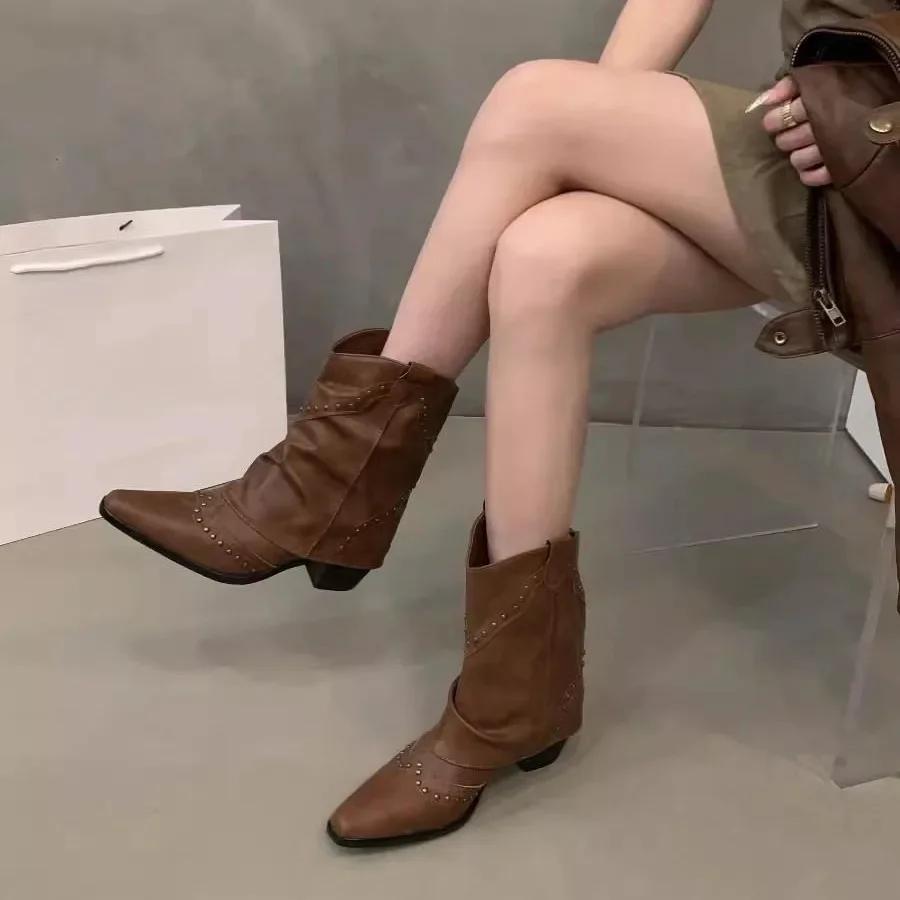 Модные женские ботинки Обувь для женщин в стиле вестерн-ковбой Толстый каблук Ретро Новый Рок Готика Середина икры Низкий острый носок Осень Зима Rivet2024