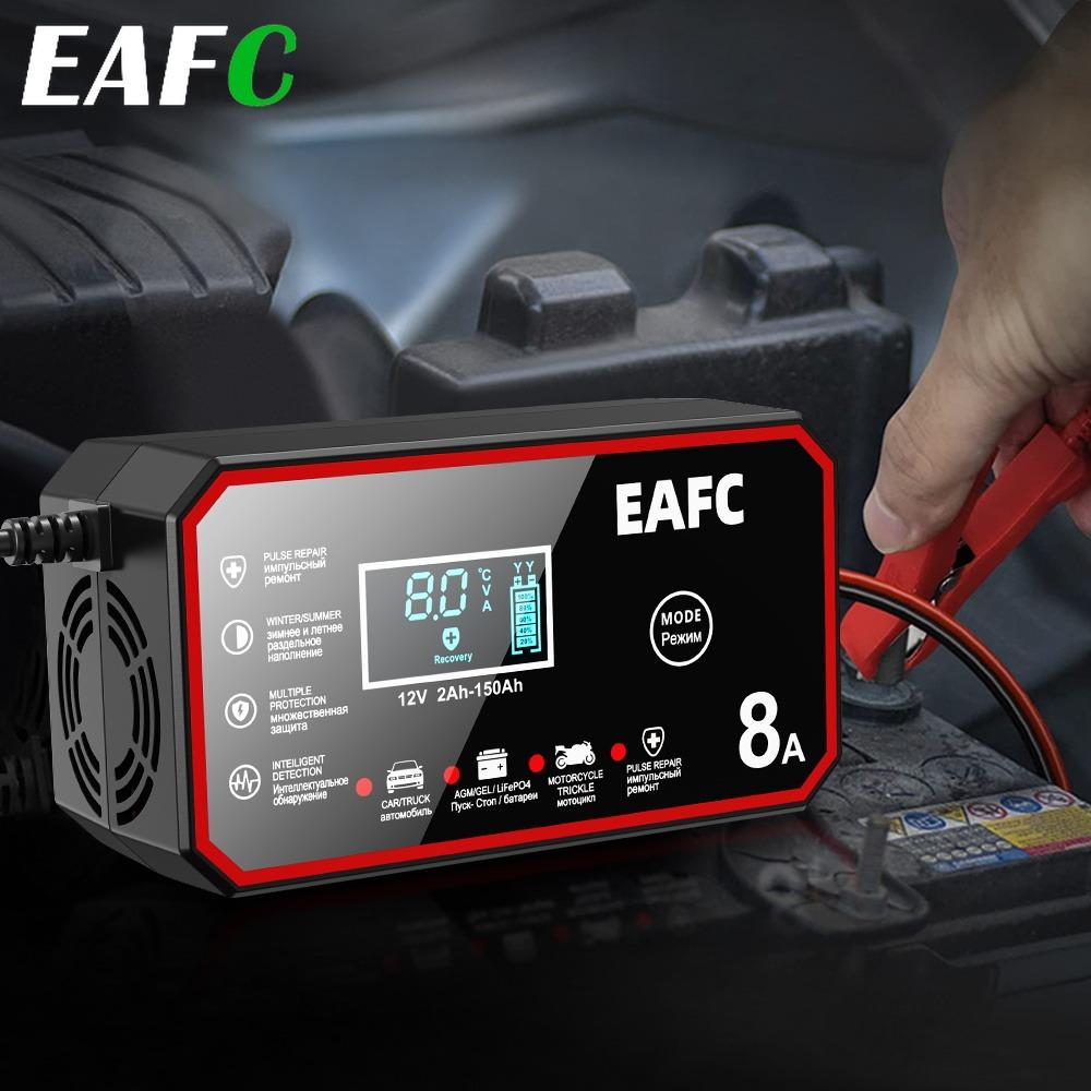 EAFC Умное зарядное устройство для автомобильного аккумулятора 12 В 8 А с ЖК-дисплеем, интеллектуальное импульсное восстанавливающее зарядное устройство - для свинцово-кислотных и LiFePO4 аккумуляторов (EU Plug)